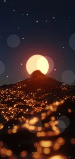 Dreamy sunset over a glowing mountain with dark night sky.