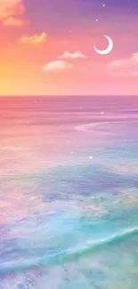 Dreamy ocean sunset with pastel sky and crescent moon wallpaper.