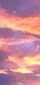 Dreamy sunset sky wallpaper with vibrant clouds and stars in soft hues.