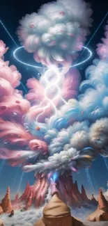 Surreal cloudscape art with vibrant pink and blue clouds creating a fantasy scene.