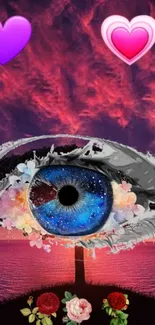 Surreal eye with vibrant cosmic colors and heart accents in a dreamlike scene.