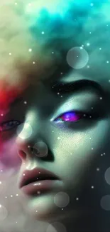 Surreal face with vibrant colors and dreamy, ethereal design.