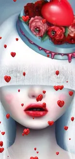 Surreal artwork of a girl with hearts and flowers, perfect for wallpaper.