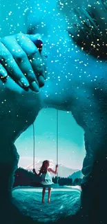 Surreal landscape with a girl on a swing amidst a dreamy teal backdrop.