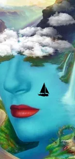 Surreal landscape with a face, clouds, and waterfalls.