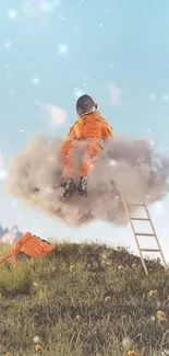 Surreal scene of a person in orange sitting on a cloud in a dreamy landscape.