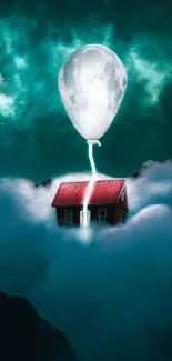 A surreal wallpaper with a house suspended by a moon balloon over clouds.