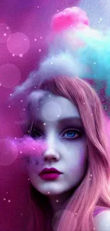 Surreal dreamlike portrait with pink hues and fantasy elements.