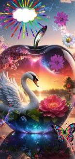 A swan inside an apple-shaped space with flowers and a sunset.