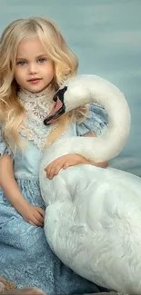 Elegant girl with swan by the lakeside.