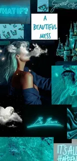 Dreamy teal aesthetic collage with words, clouds, and imagination.