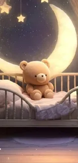 Teddy bear in bed under moonlit stars in a dreamy ambiance.