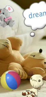 Dreaming teddy with colorful ball and plush animals.