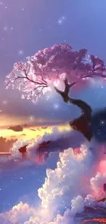 Fantasy wallpaper with pink tree and glowing clouds at sunset.