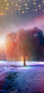 Majestic tree under string lights on a pastel sky background.