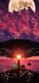 Magical tree under a full moon with a vibrant magenta sky.