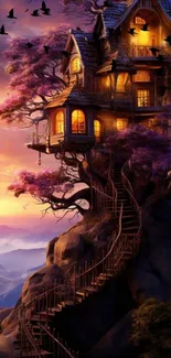 Magical treehouse nestled in purple trees during a vibrant sunset.