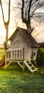 Charming treehouse amid lush greenery at sunrise.