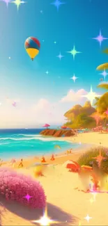 A vibrant tropical beach scene with hot air balloons and palm trees.