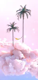 Pastel pink clouds with palm trees and hammock.