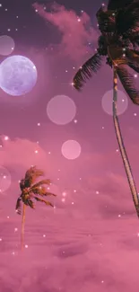 Tropical night sky with pink clouds and palms under a full moon.