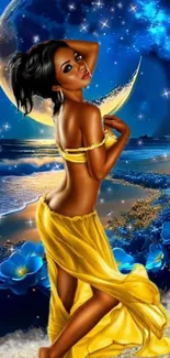 Illustration of a woman on a moonlit tropical beach with vibrant colors.