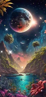 Dreamy tropical landscape with moonlit sky and vibrant flora.