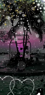 Tropical night wallpaper with palm trees and dreamy sparkles on a purple sky.