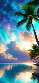 Dreamy tropical ocean at night with palm trees and cosmic sky.