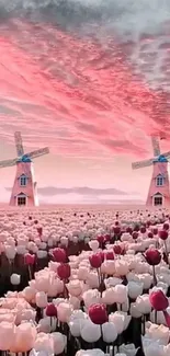 Dreamy tulip field with windmills and a vibrant pink sky.