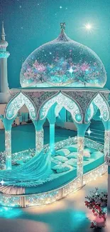 Turquoise fantasy palace with dreamy decor.