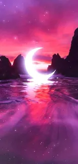 Dreamy purple beach scene with crescent moon at sunset.