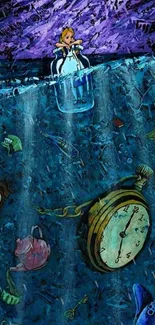 Whimsical underwater scene with floating vintage clocks and a character.