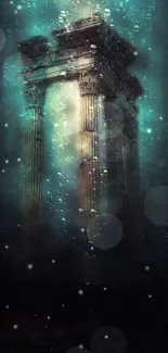 Dreamy underwater ancient ruins with pillars in teal water.