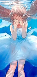 Dreamy anime girl underwater surrounded by jellyfish.