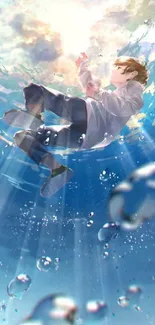 Anime character floating underwater with bubbles and light rays.