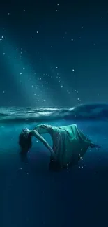 Dreamy underwater scene with glowing starlight and serene aquatic atmosphere.