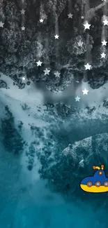 Whimsical submarine under starry ocean scene on mobile wallpaper.