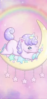 Pastel unicorn resting on crescent moon with rainbow background.