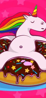 Colorful unicorn lounging on a chocolate donut with sprinkles and pink starry background.