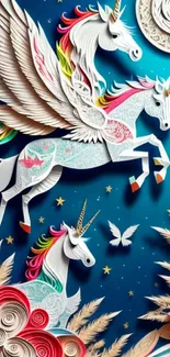 Fantasy unicorn paper art in vibrant colors on a starry deep blue background.