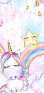 Cute unicorn with rainbows and clouds mobile wallpaper in pastel colors.