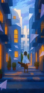 Digital art of a blue urban alley with glowing windows and paper planes.