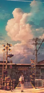 Urban crossing with dreamy clouds and sunset sky.