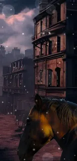 Surreal night scene with a mystical horse in an urban setting.