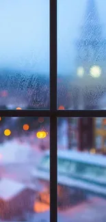 A blurry cityscape seen through a rain-streaked window with bokeh lights.