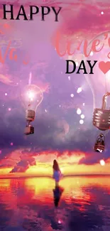 Romantic Valentine sunset wallpaper with light bulbs and serene reflection.