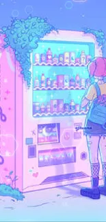 Dreamy pastel vending machine with whimsical art style and pink hair character.