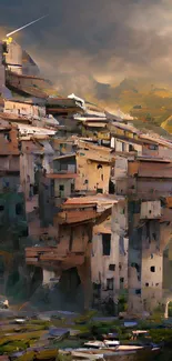 Dreamy village landscape art with earthy tones and a serene atmosphere.