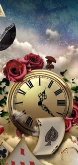 Vintage clock with roses and cards against a dreamy sky.